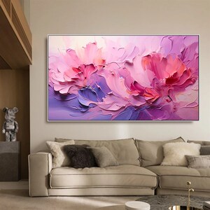 大芬村纯手绘油画奶油风抽象粉红花卉客厅横版装饰画卧室挂画壁画