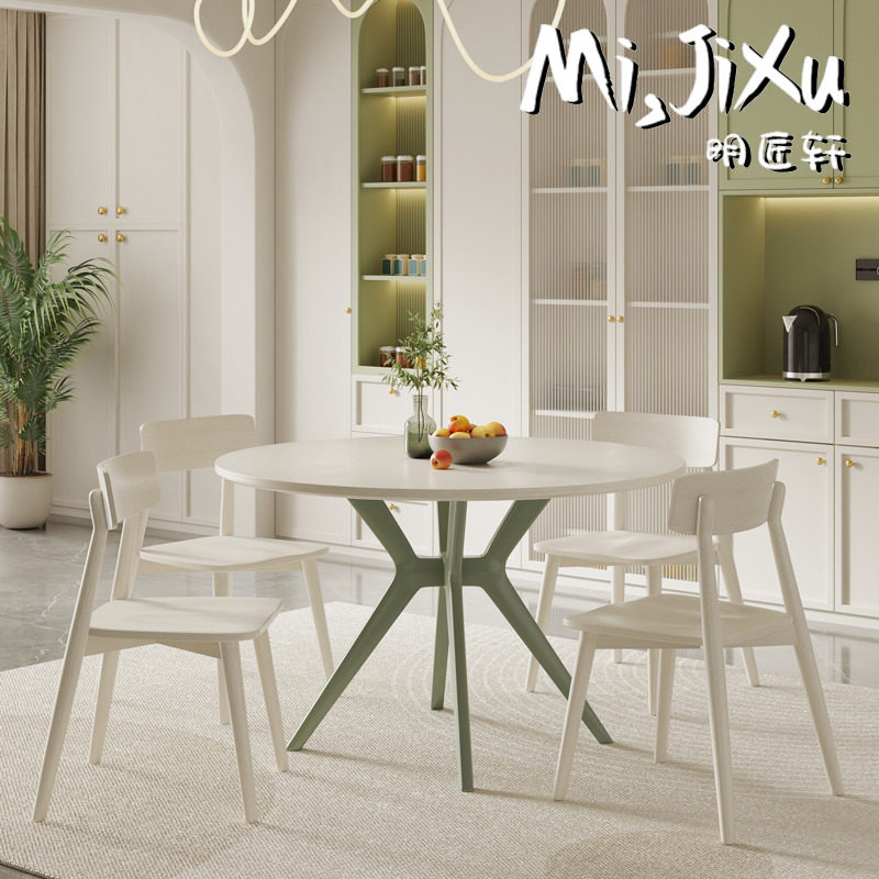 明匠轩家居法式末绿清新风岩板实木圆形餐桌椅组合家用吃饭圆桌子