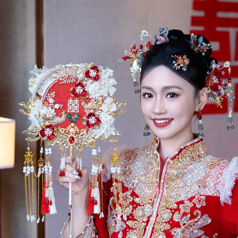 团扇新娘结婚中式秀禾扇子却扇双面喜扇diy材料包高级感婚扇婚礼