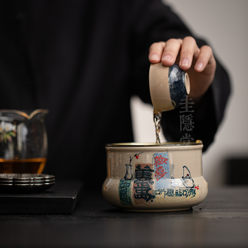 圭隐堂锦灰堆建水洗水草木灰手绘陶瓷茶渣缸家用复古茶洗杯洗水盂
