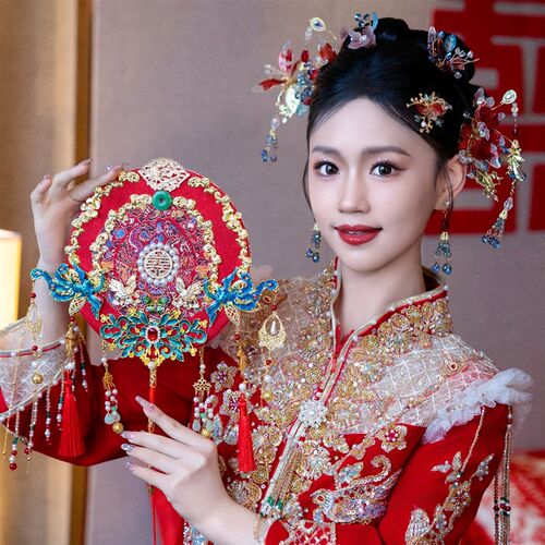 团扇新娘结婚喜扇婚礼秀禾diy材料中式婚扇扇子高级双面成品