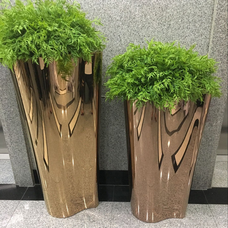 不锈钢花瓶 异形花器摆件 电镀金色金属 落地花器 镜面花盆