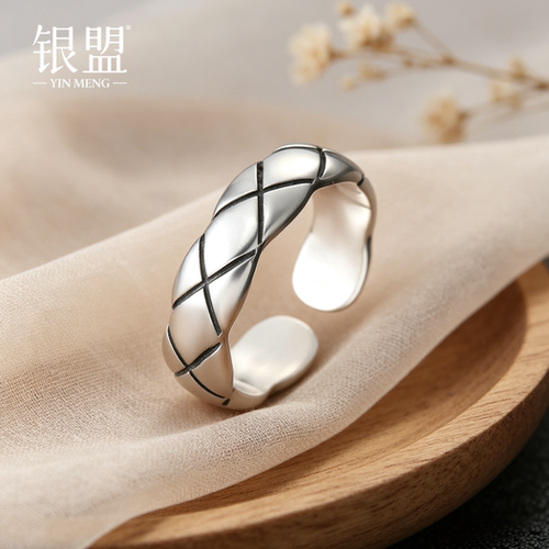 足银999菱格肌理开口银戒