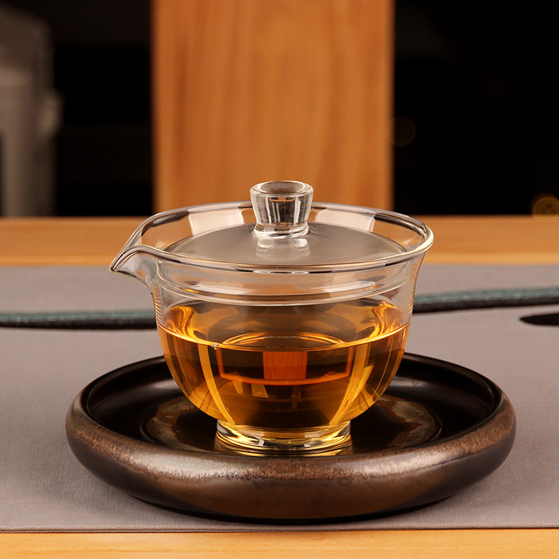 玻璃盖碗茶具大号加厚耐热透明茶杯三才碗功夫泡茶手抓壶手工彩色