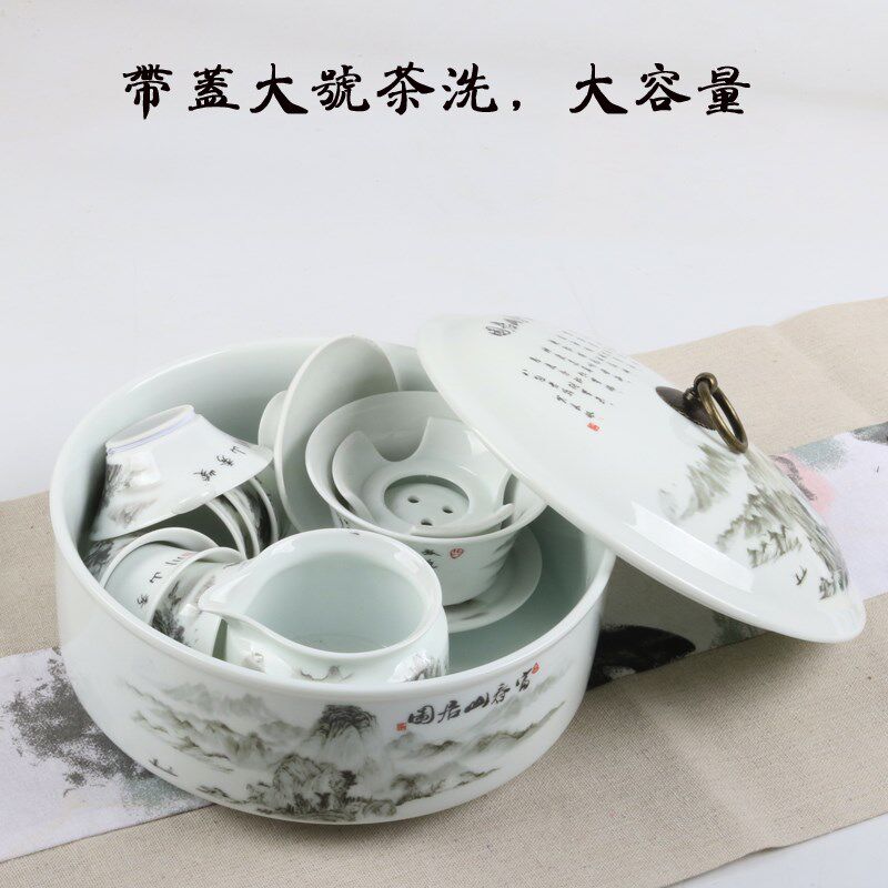 青花瓷大号带盖茶洗 家用功夫茶杯水洗特大号洗杯器有盖茶道零配