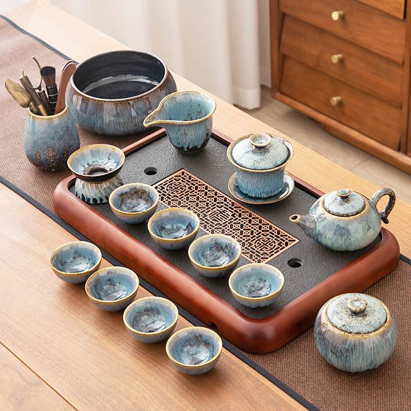 窑变整套功夫茶具套装家用客厅办公茶壶盖碗茶杯茶盘组合2024新款