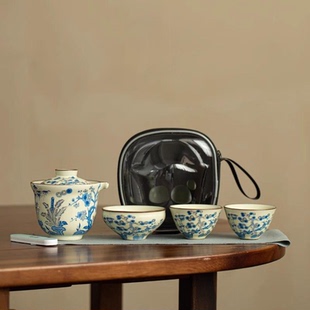 仿宋汝窑岁寒三友旅行茶具套装户外便携快客杯车载旅游泡茶器套组