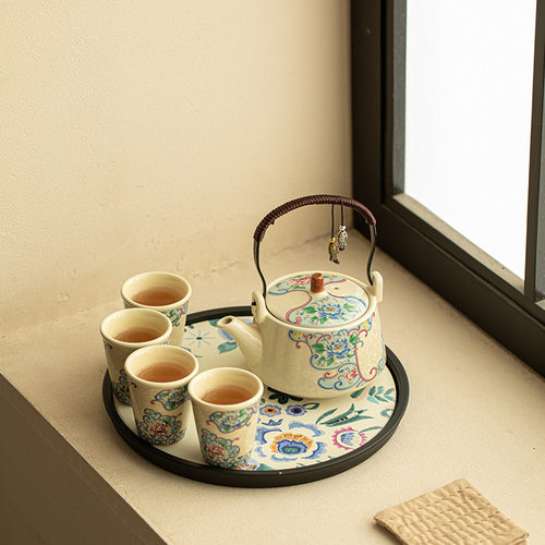 国风珐琅彩银丝牡丹茶壶提梁壶茶杯干泡盘陶瓷茶具套装居家功夫茶