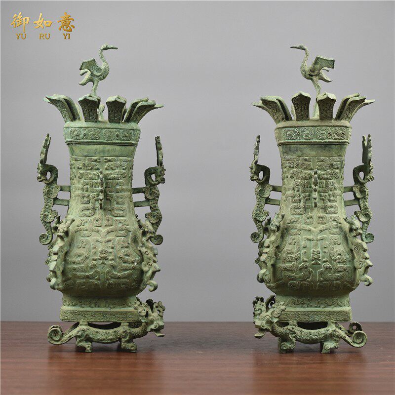 仿古青铜器摆件春秋莲鹤方壶郑州会议礼品古玩收藏软装饰品工艺品