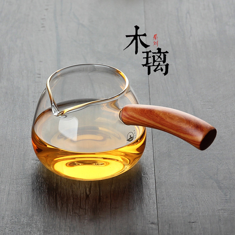 公道杯玻璃加厚分茶器茶海耐热高温透明功夫茶具手工花梨木把手