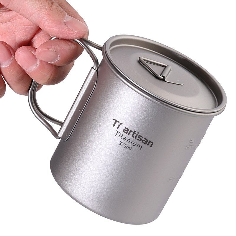 钛工匠纯钛水杯斜柄把手杯露营带盖小杯咖啡杯375ml便携轻便健康
