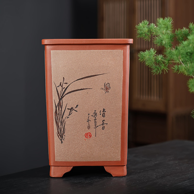 清香阁紫砂盆 高30cm四方签筒 手工桌面建兰蕙兰盆 地面绿植花盆