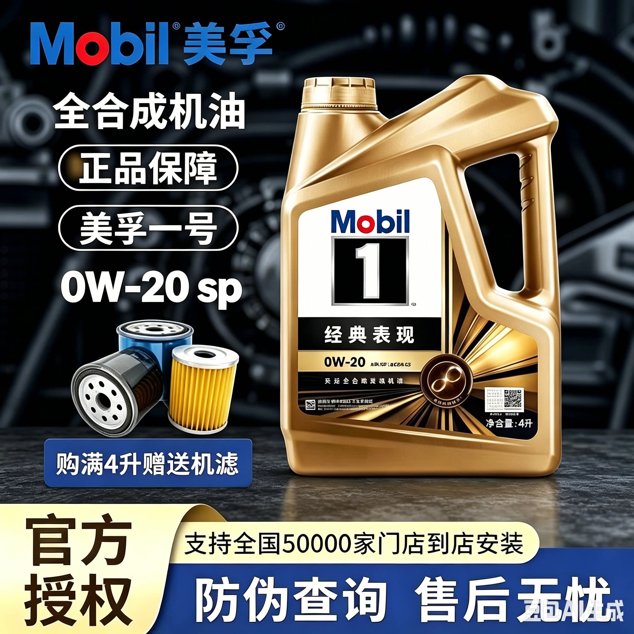 Mobil美孚一号经典表现金美孚0W20SP全合成汽车发动机润滑油4L