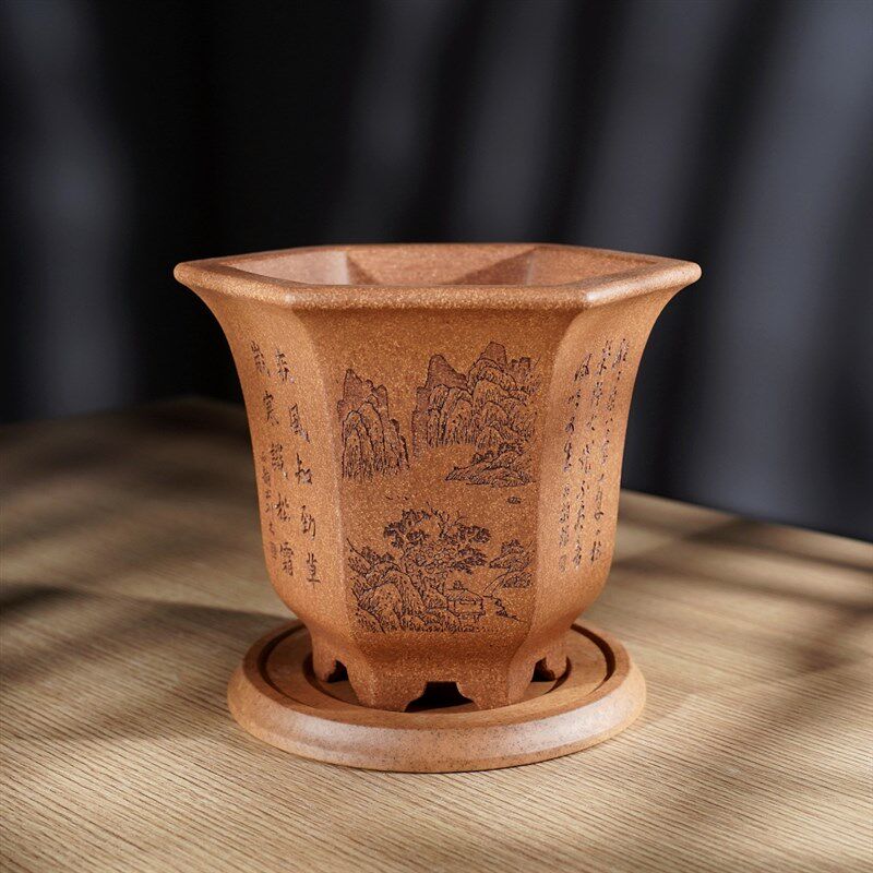 高档精品名家许成安传统经典暮古六方飘口原矿段泥紫砂盆景兰花盆