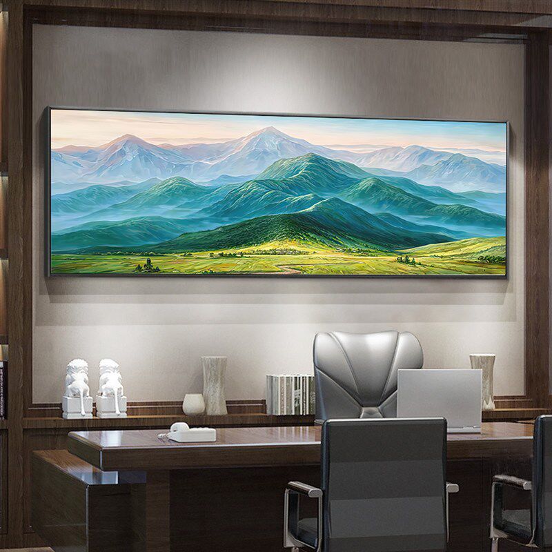 办公室有山无水挂画巨人山青山装饰画寓意好的茶室山水壁画靠山图