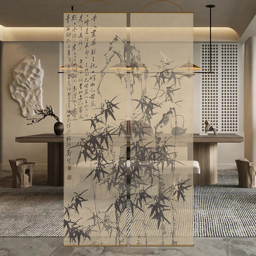 半透水墨竹双面透景屏风纱中式卷帘隔断窗挂帘水墨窗帘纱帘透光
