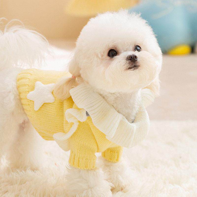 黄色可爱公主翻领小裙子毛衣两家长袖小型犬猫咪宠物狗狗衣服