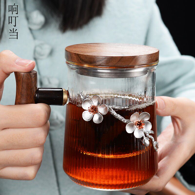 木把玻璃杯茶水分离花茶杯办公室梅花水杯家用耐热带盖带手把杯子