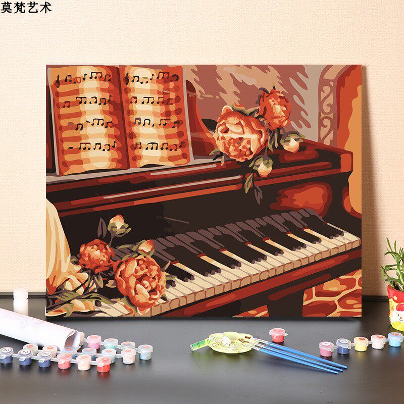数字油画diy填充欧式复古慵懒小猫和钢琴手绘画手工填色油彩画画