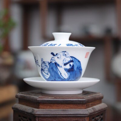 九希堂陈胜波釉下青花瓷人物画三才盖碗写意钟馗文人画茶具泡茶碗