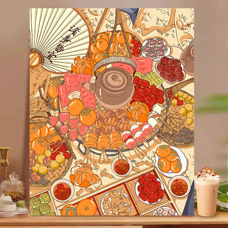 美食下午茶数字油画diy填充餐厅挂画手工油彩涂色高级装饰宝藏湾
