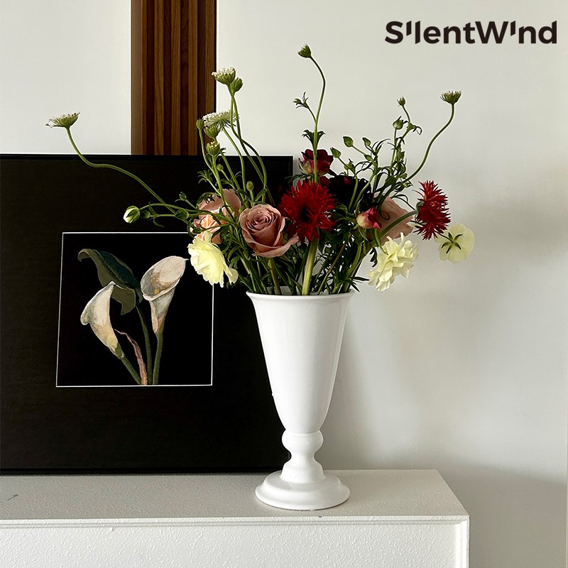 SilentWind寂风生活 法式复古高脚陶瓷花瓶大口径桌面高级感摆件图片