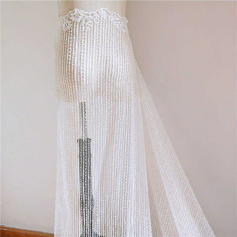新款高档夏季亮片钉珠竖条纹花边亮片婚纱礼服面料布料DIY辅料