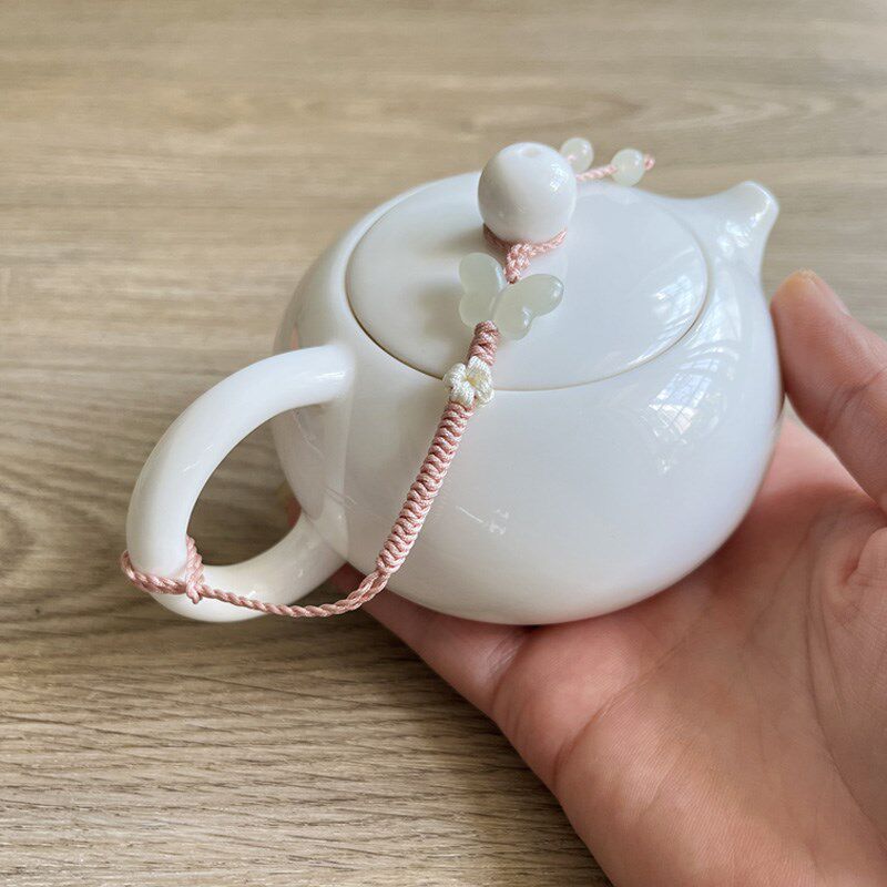 时念和田玉手拉壶把编绳 功夫玻璃小茶壶盖栓绳子杯盖保护连接线