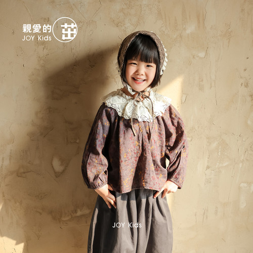 【亲爱的茁】女童春秋新款满印碎花蕾丝翻领休闲娃娃衫30056