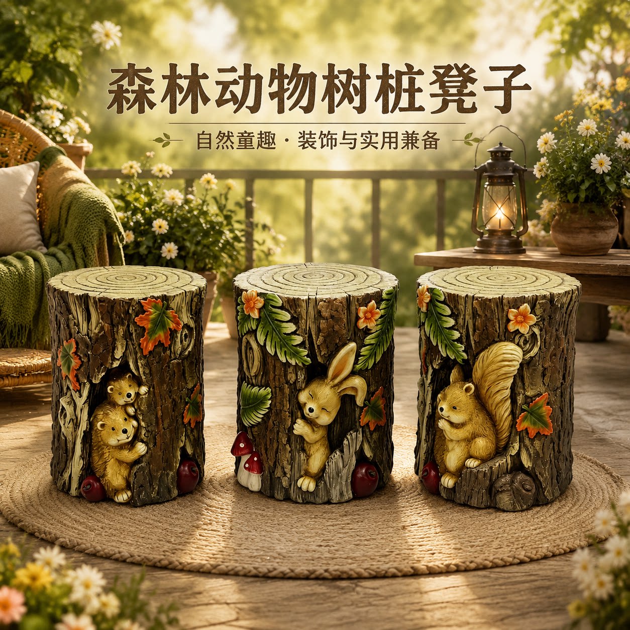 森林动物树桩凳户外庭院摆件花架花园阳台装饰创意树脂落地摆件