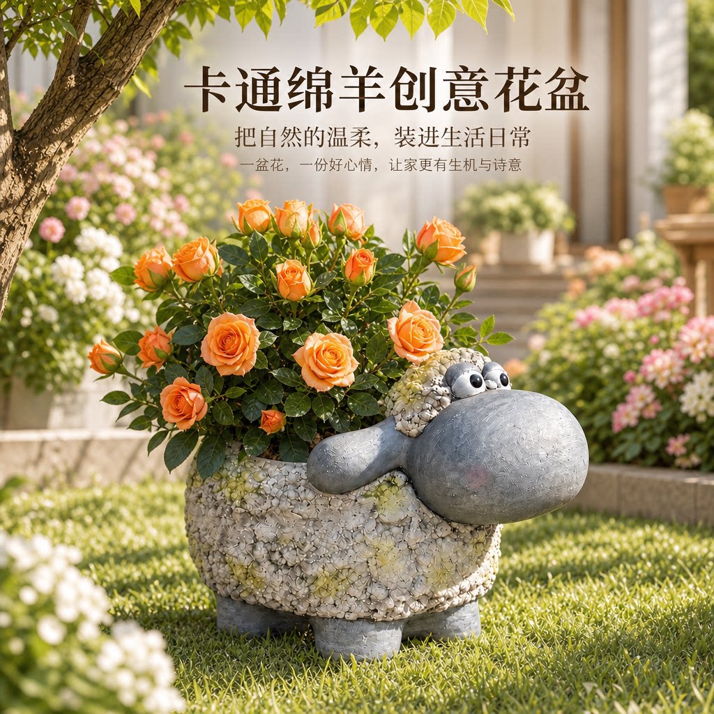 可爱绵羊造型花盆卡通小羊创意花器庭院阳台花园多肉绿植种植花盆