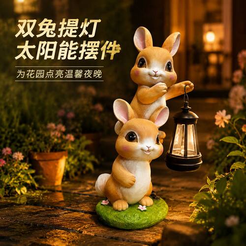 太阳能防水双兔提灯庭院摆件