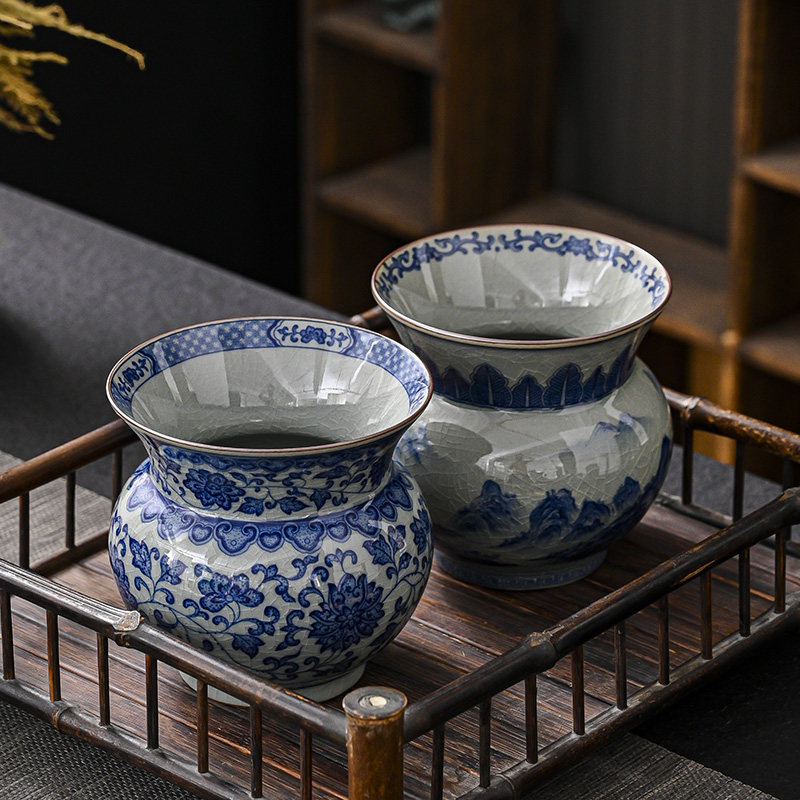 老陶泥青花茶渣缸建水茶洗陶瓷茶盂水盂茶水桶笔洗茶道零配茶渣桶
