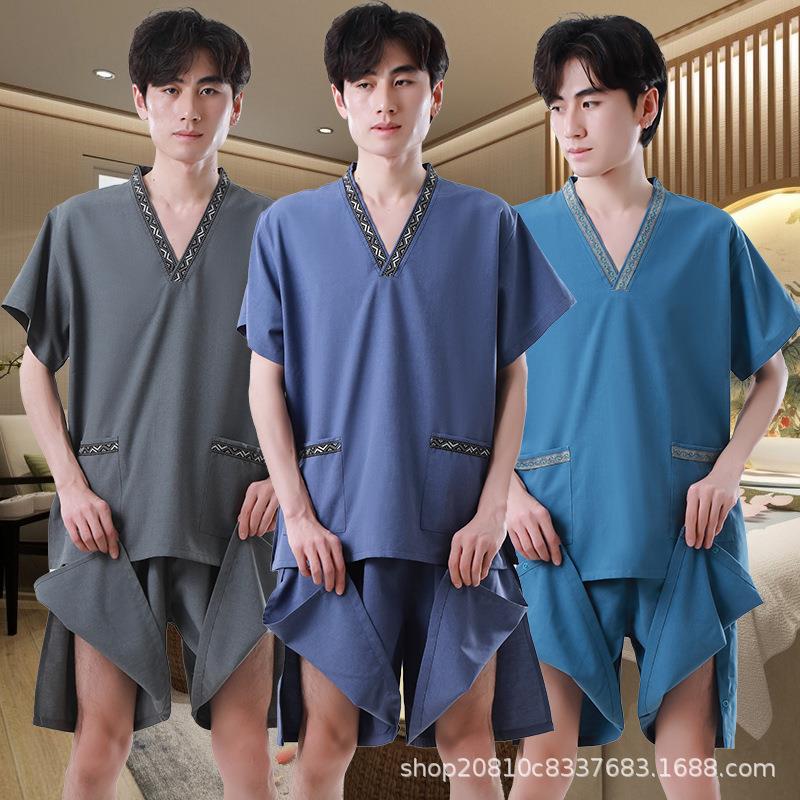 无裆侧面开叉按扣浴裤足浴男油压短裤浴服按摩洗浴浴室大裤衩暗扣