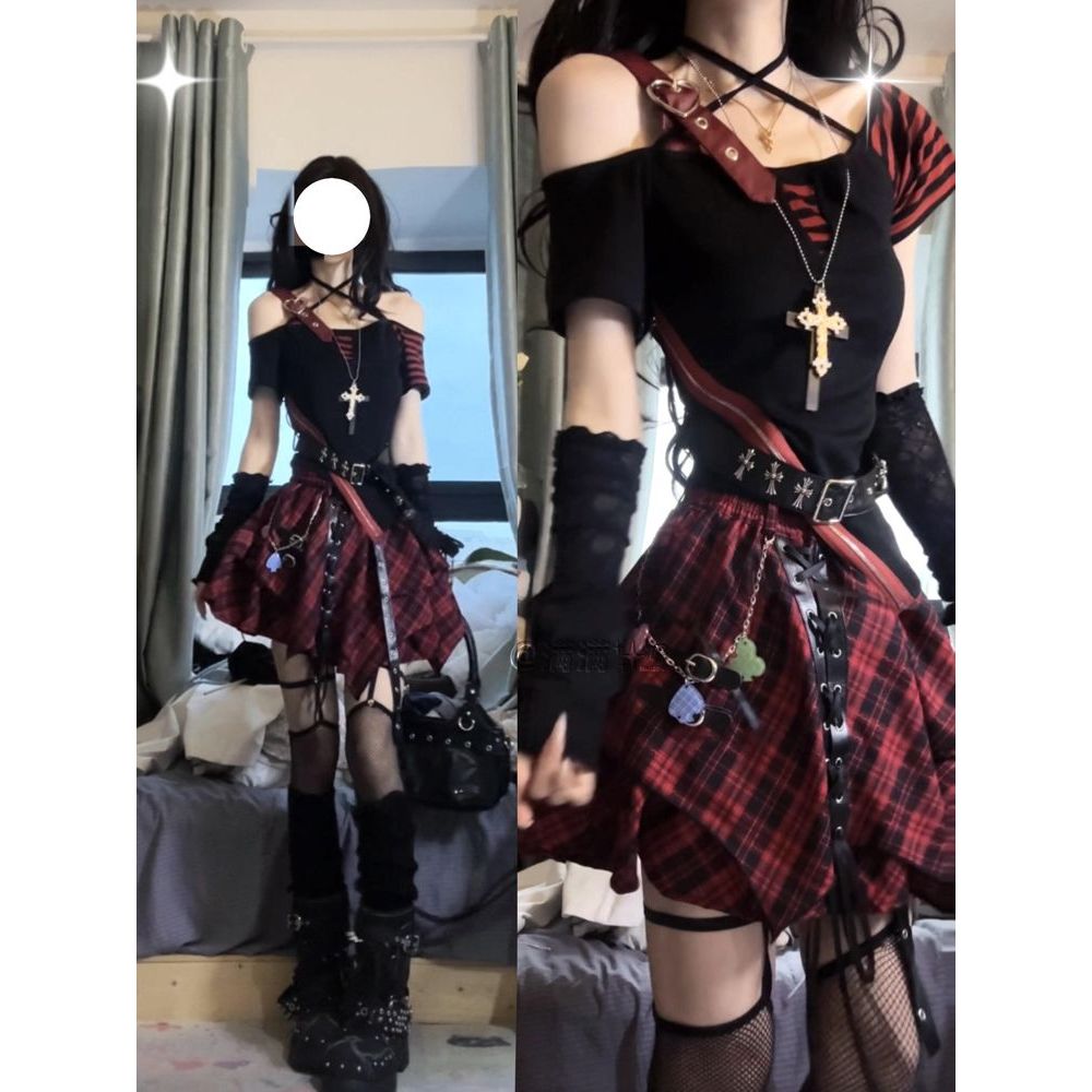 心影信号 亚文化辣妹舞台打歌服穿搭设计感上衣红黑格半身裙套装