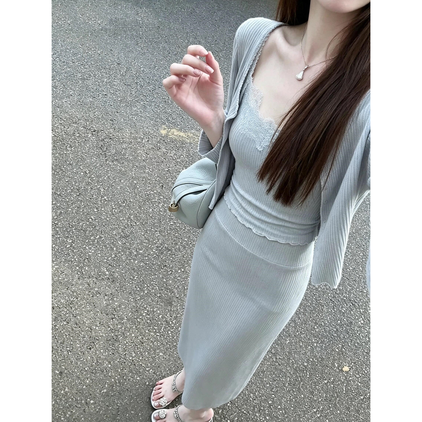 早秋纯欲风针织套装连衣裙吊带开衫包臀半身裙灰色三件套女装秋冬
