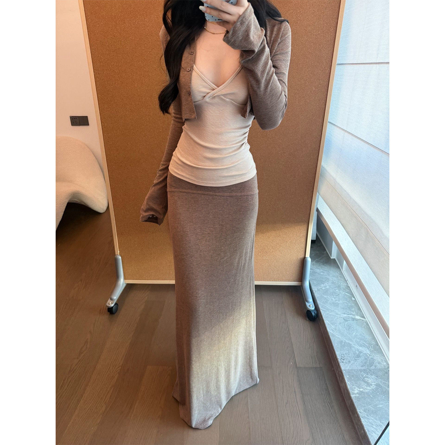 韩系氛围感穿搭一整套裙子女早秋季慵懒风修身针织包臀长裙套装