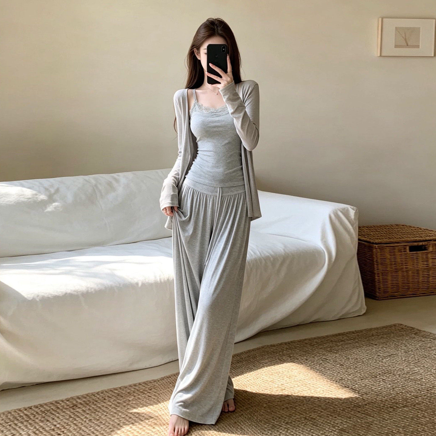 韩系休闲ootd松弛感穿搭套装女早秋季新款开衫吊带背心长裤三件套
