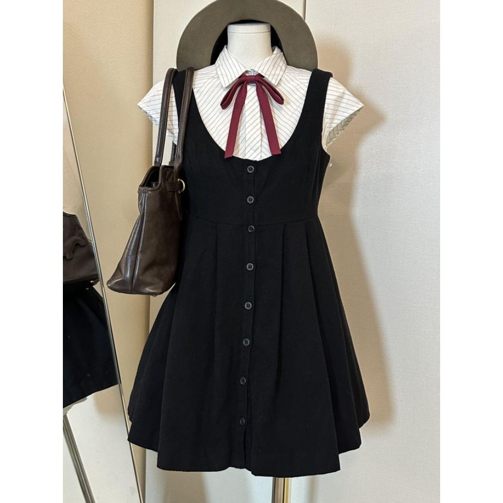 田园游梦 夏季学院风白色条纹短袖衬衫背带连衣裙夏日少女感套装