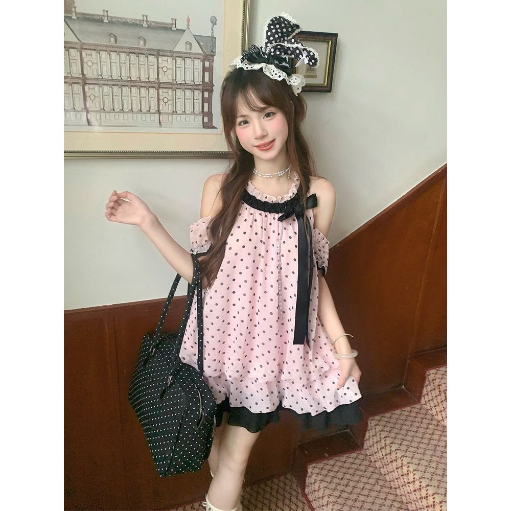 【甜心波波】甜美古早少女感粉色波点挂脖水母裙连衣裙设计感短裙