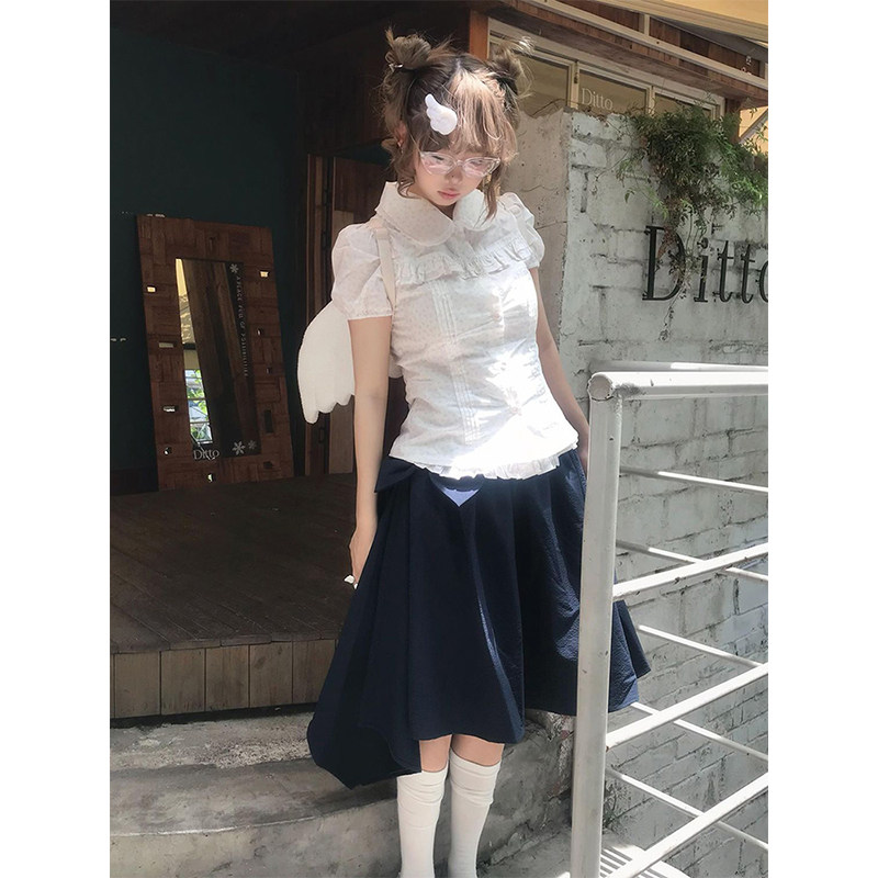 碎花短袖衬衫蝴蝶结半裙两件套