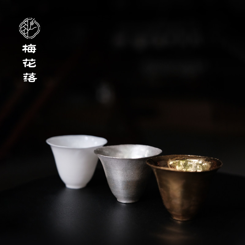 梅花落吴燕辉手作薄胎仰钟杯金釉银釉白瓷铃铛杯主人杯超薄不烫手