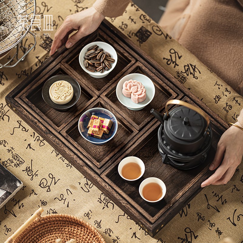 围炉煮茶点心盘套装中式高脚茶点盘复古干果盘小吃碟实木糕点托盘