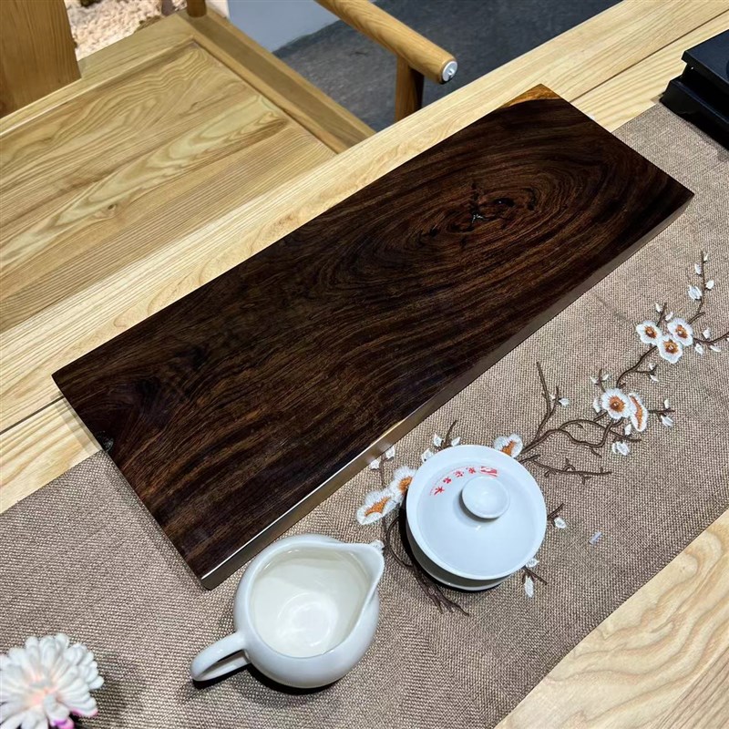 自然干裂干泡台 实木原木整块黑檀木茶盘家用茶台长方形 干泡茶盘