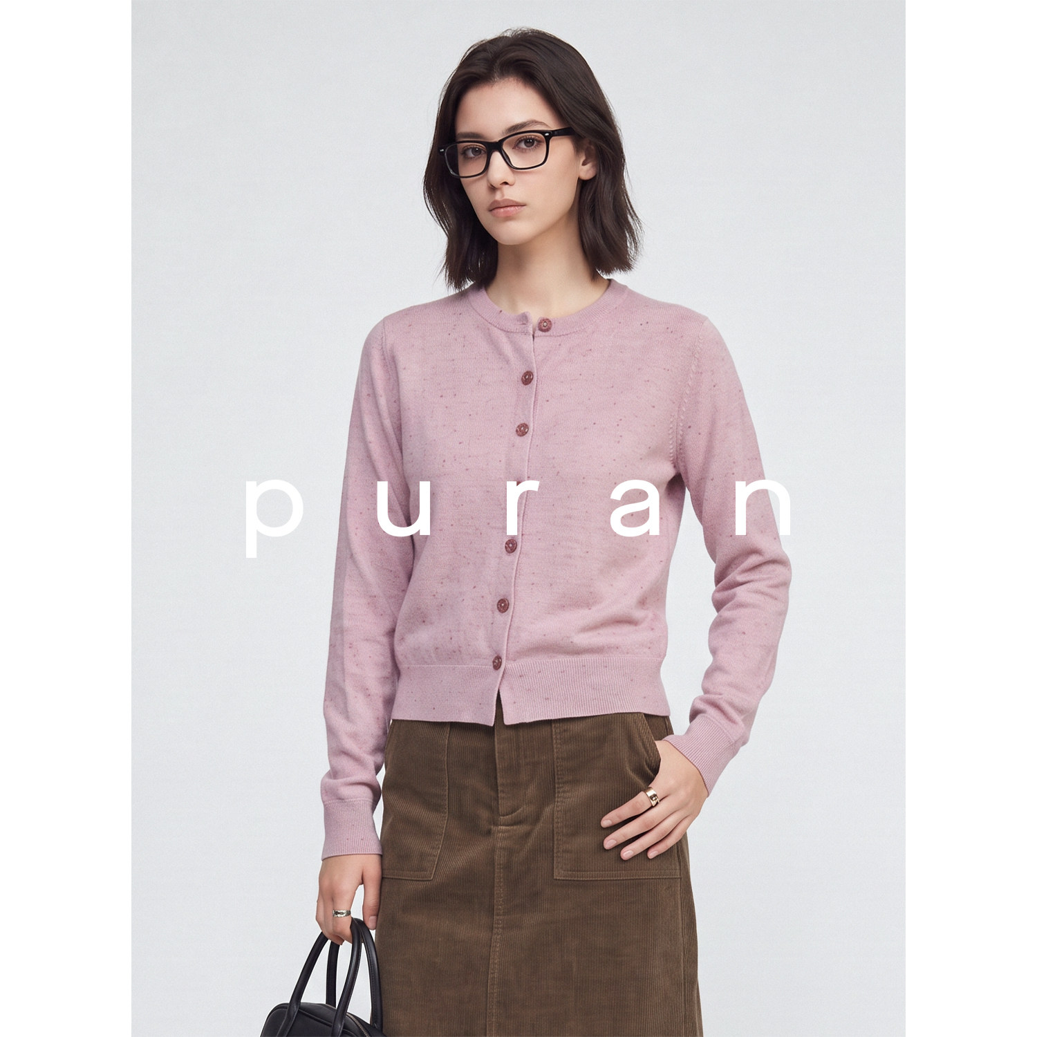 puran 羊绒混纺点子纱粉色圆领长袖针织开衫通勤百搭舒适2026秋款