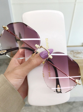 切边复古黄色无框墨镜女圆脸方框多边形个性欧美风高档次太阳眼镜