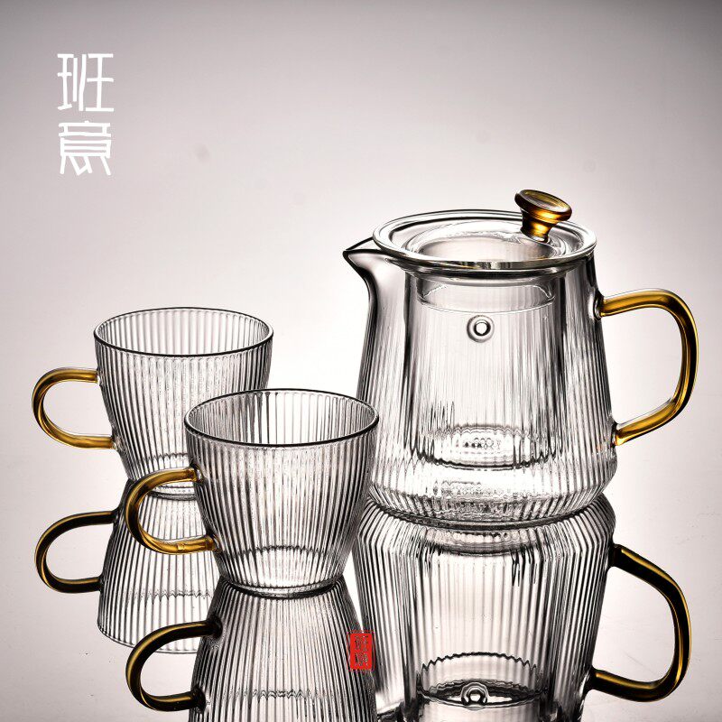 班意 耐热锤纹玻璃过滤三件套茶杯办公水杯有盖内胆带把泡茶杯