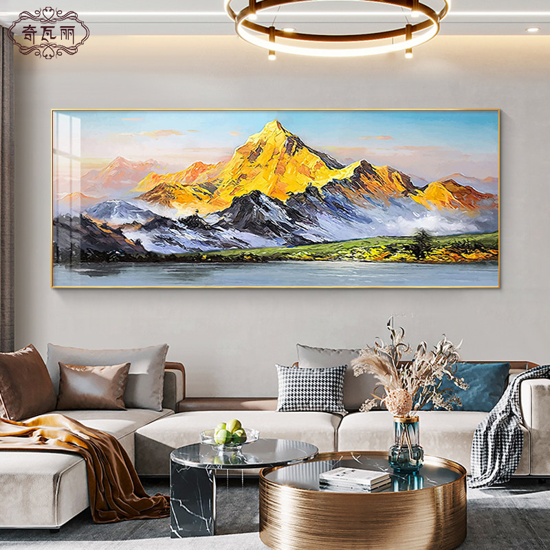 日照金山客厅装饰画手绘油画沙发背景墙挂画背有靠山聚财山水壁画