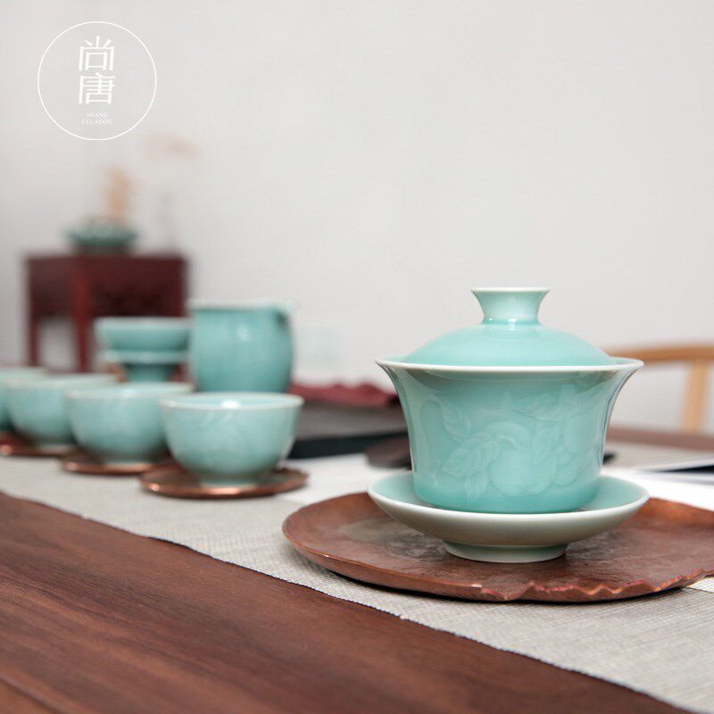 青瓷整套功夫茶具陶瓷家用手工盖碗套装十件套装龙泉市泡茶杯套组
