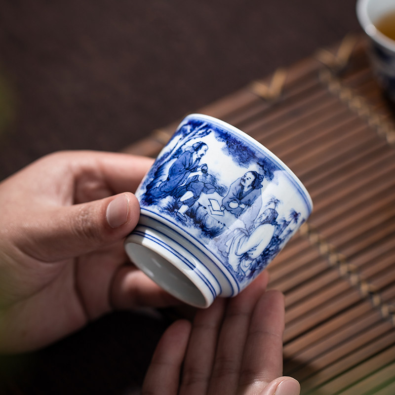 钟家窑手工陶瓷品茗杯青花陶渊明饮酒个人单杯手绘人物柴窑主人杯